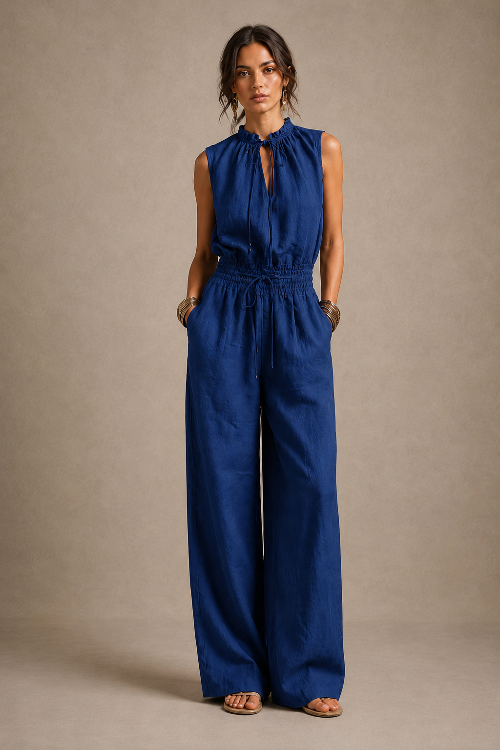 Zenaide | tuta con scollo alto allacciato e gambe larghe