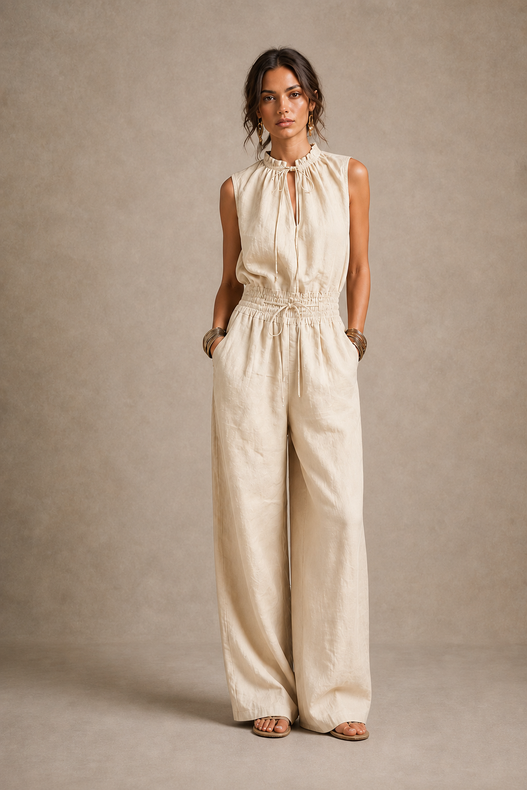 Zenaide | tuta con scollo alto allacciato e gambe larghe