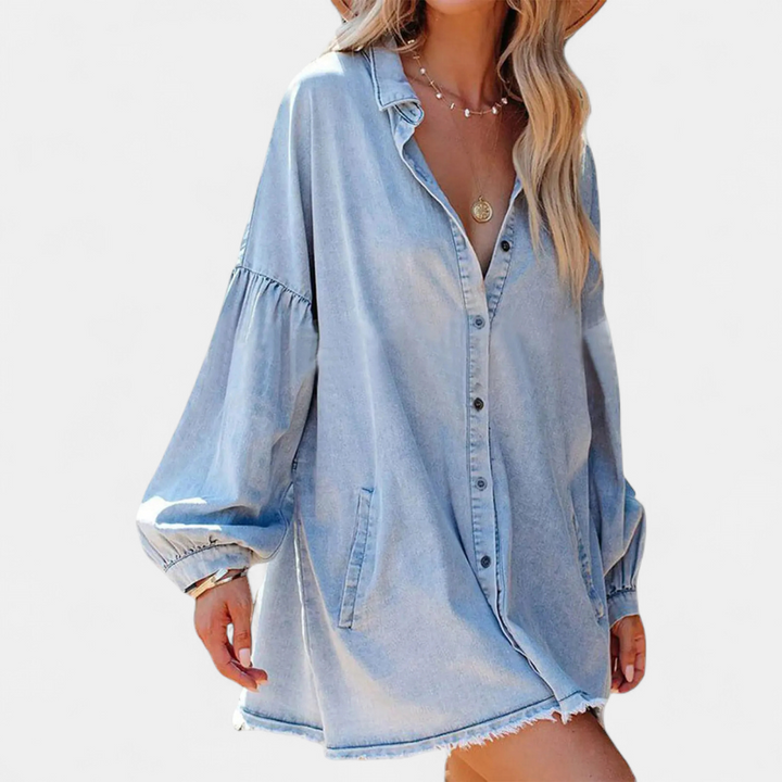 DELIA™ – Camicia in denim dal taglio rilassato con orlo sfrangiato