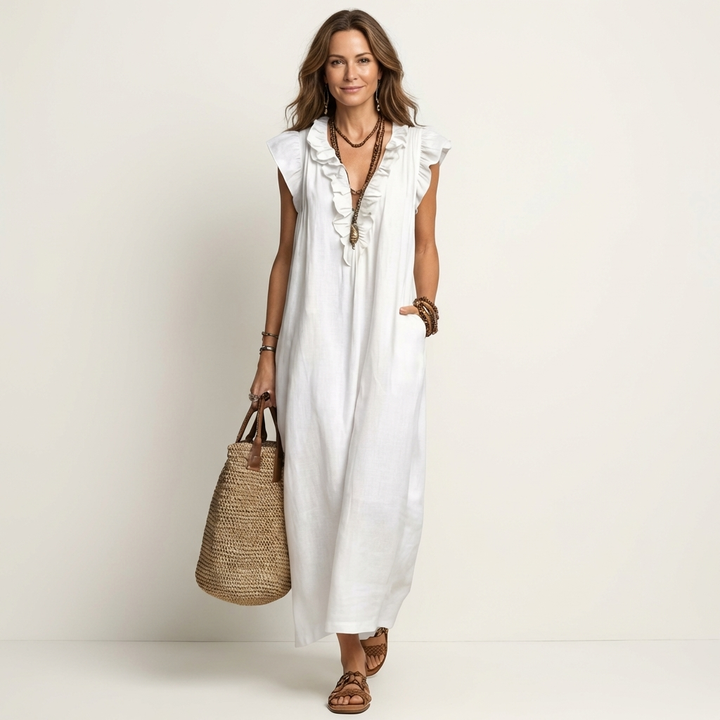 Josette | Abito Maxi con Rouches e Scollatura a V