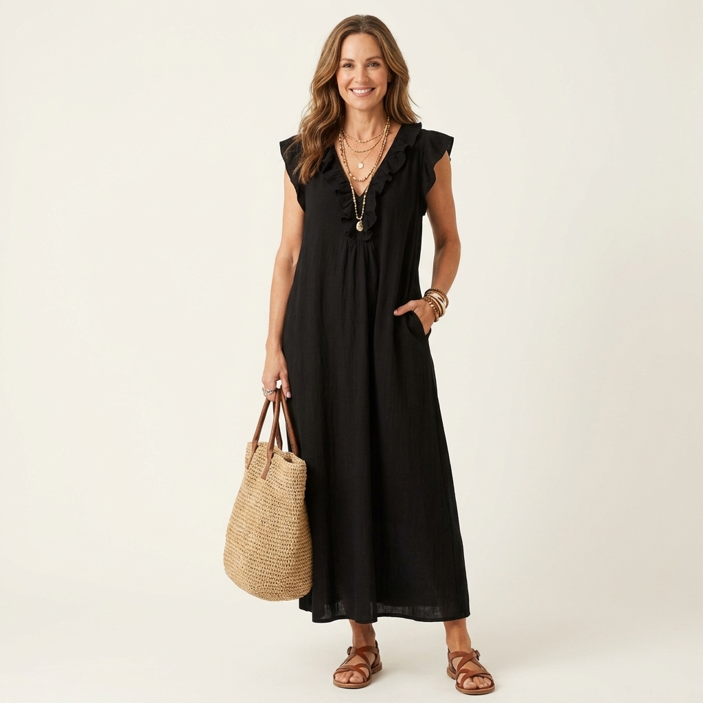 Josette | Abito Maxi con Rouches e Scollatura a V