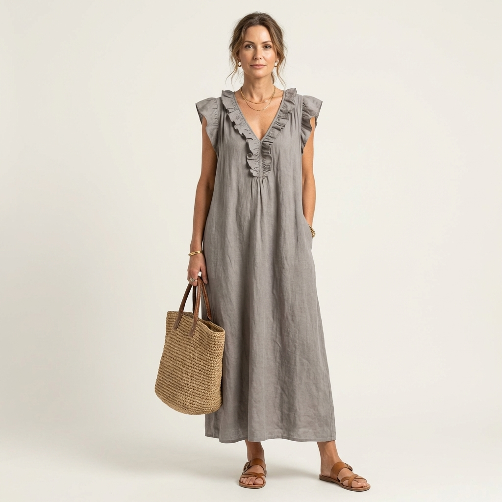 Josette | Abito Maxi con Rouches e Scollatura a V