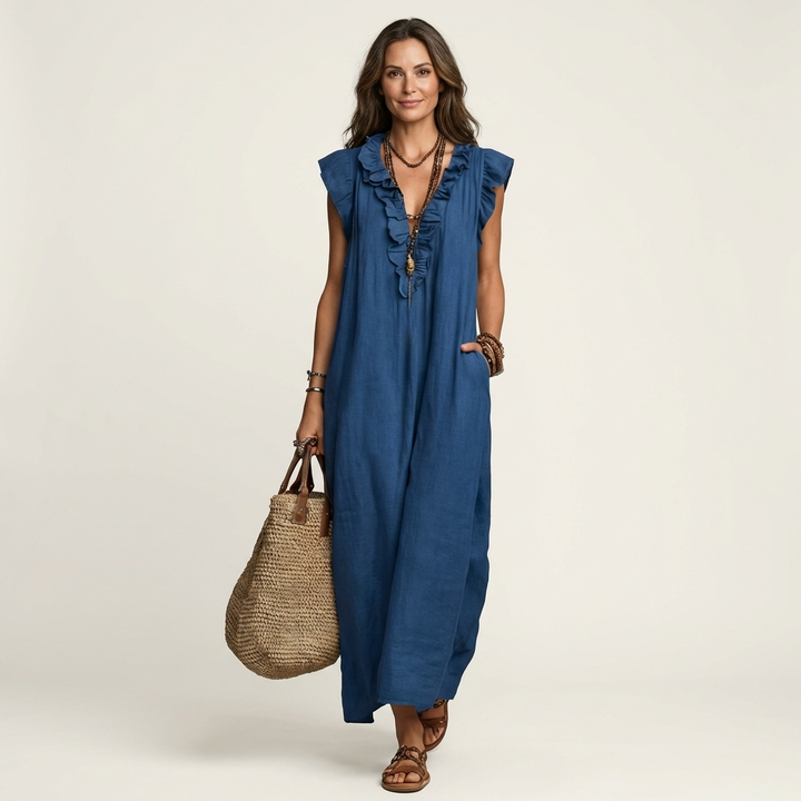 Josette | Abito Maxi con Rouches e Scollatura a V