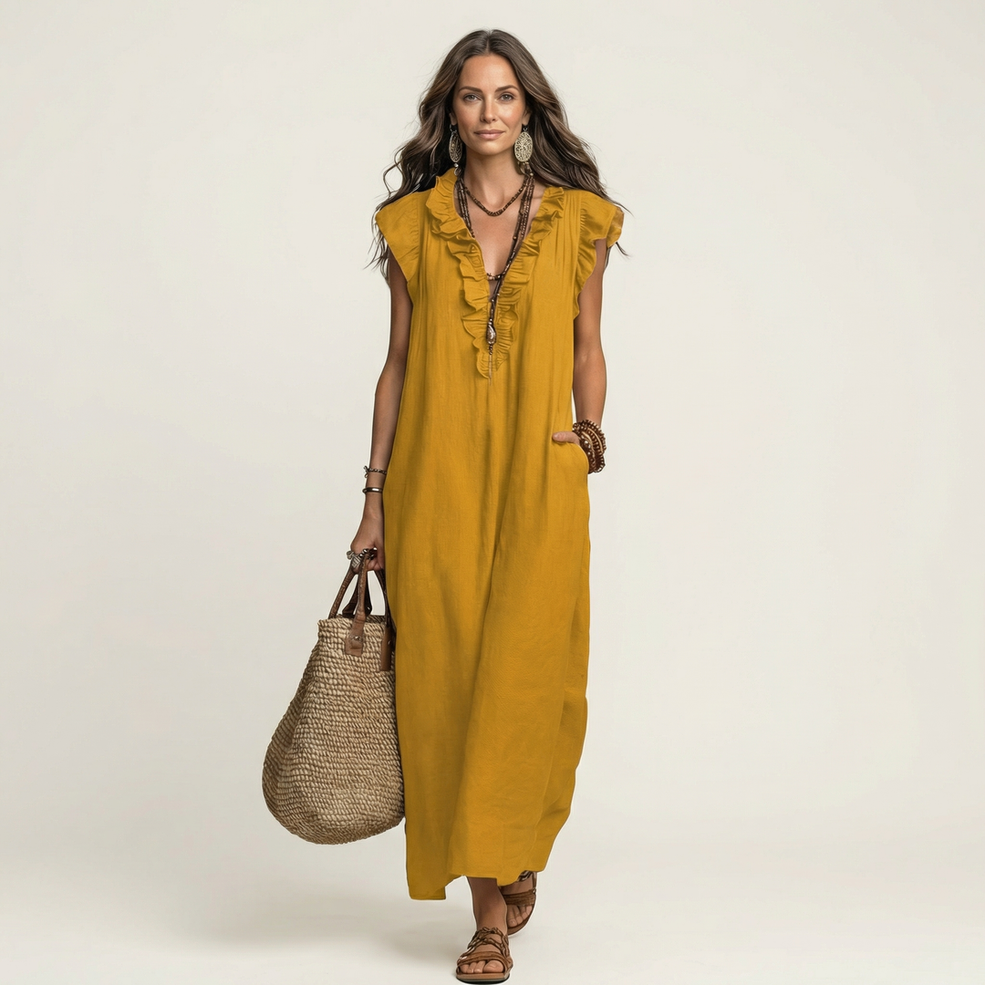 Josette | Abito Maxi con Rouches e Scollatura a V