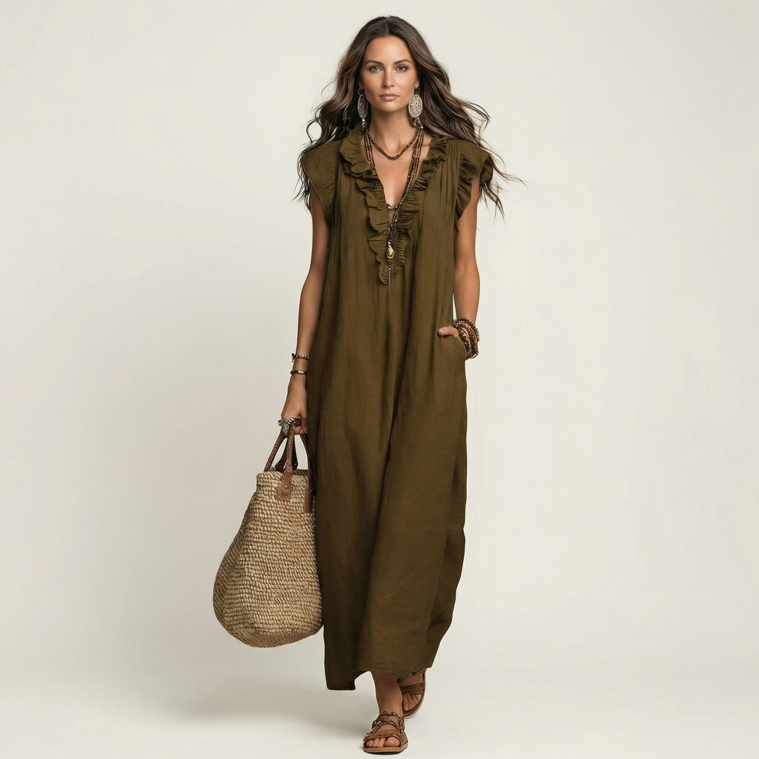 Josette | Abito Maxi con Rouches e Scollatura a V