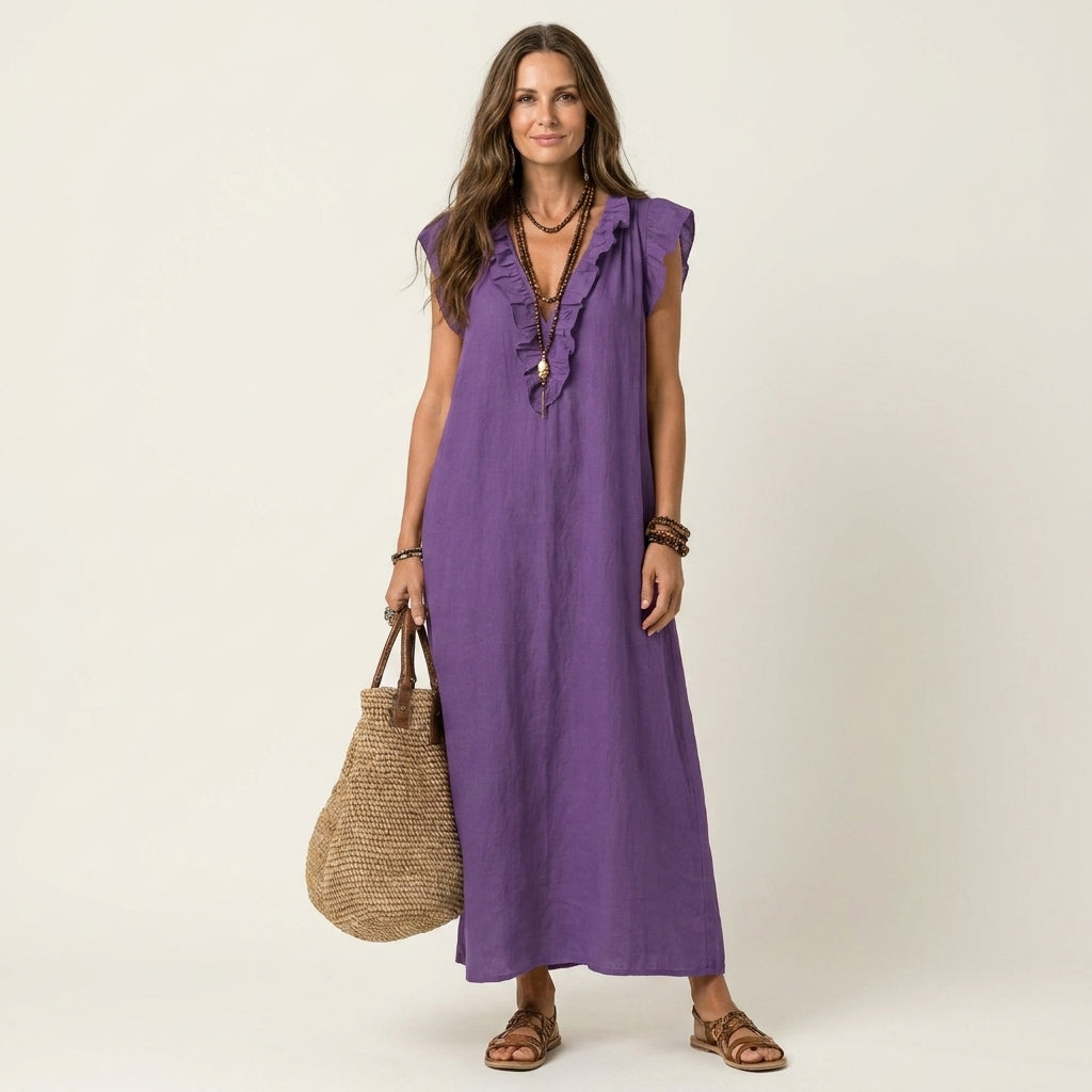 Josette | Abito Maxi con Rouches e Scollatura a V