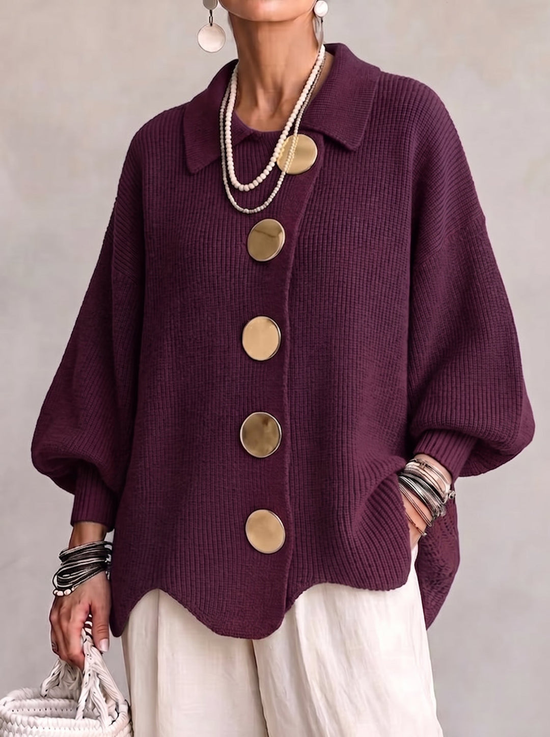 Isadora™ | Cardigan oversize con colletto e grandi bottoni in metallo